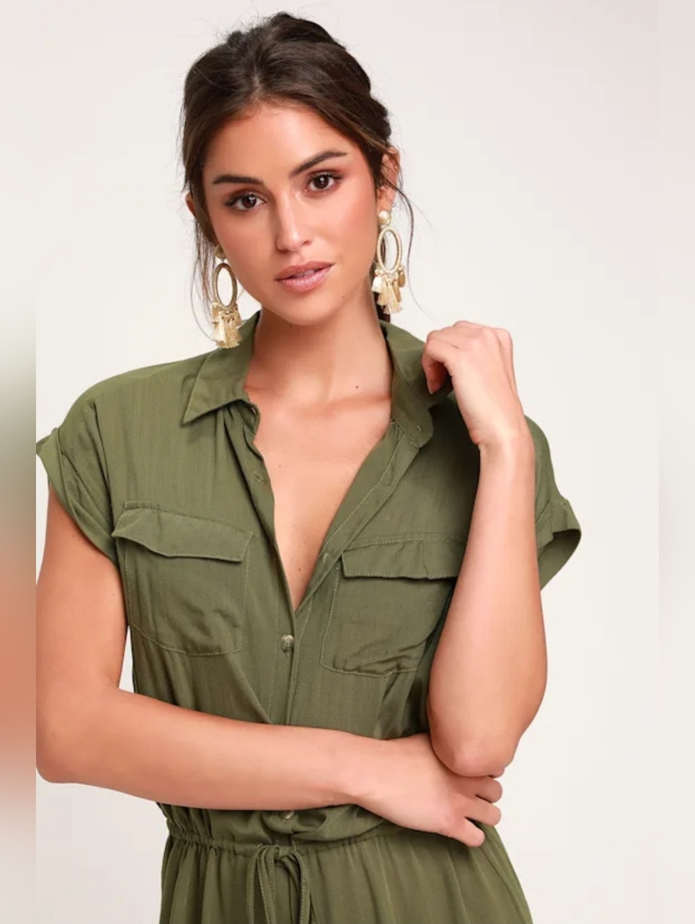 Olive Green Utility Safari Jumpsuit w/Front Pockets, Cinched Drawstring, Chic - Picture 2 of 16